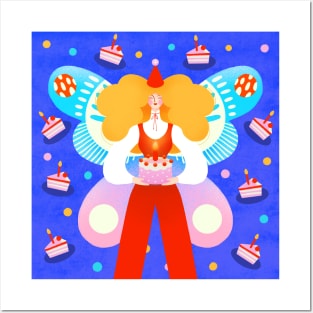 Butterfly birthday girl with birthday cake Posters and Art